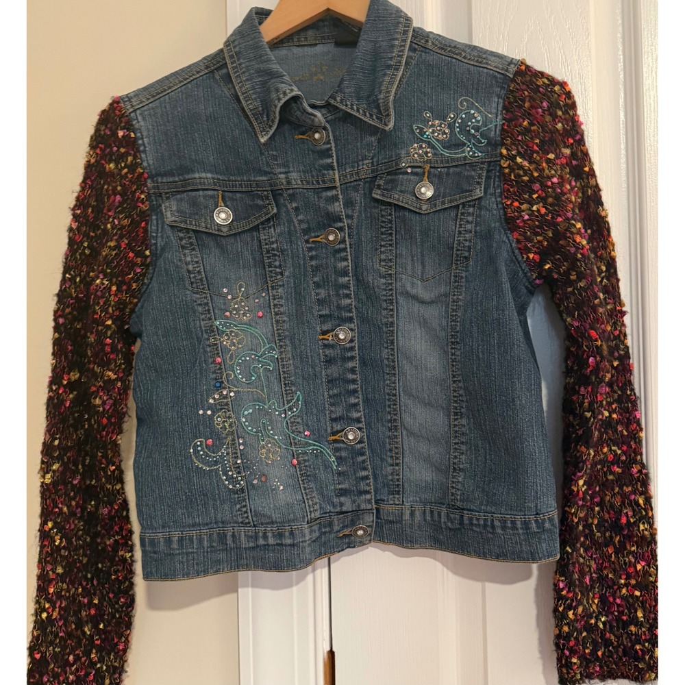 Arizona Jean Co Denim Jacket Embroidered Rhinestone Knit Sleeves Blue Large